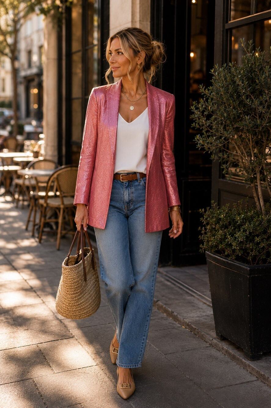 Eileen Fisher Rose Pink Metallic Open Front Shawl Collar Blazer Size Medium